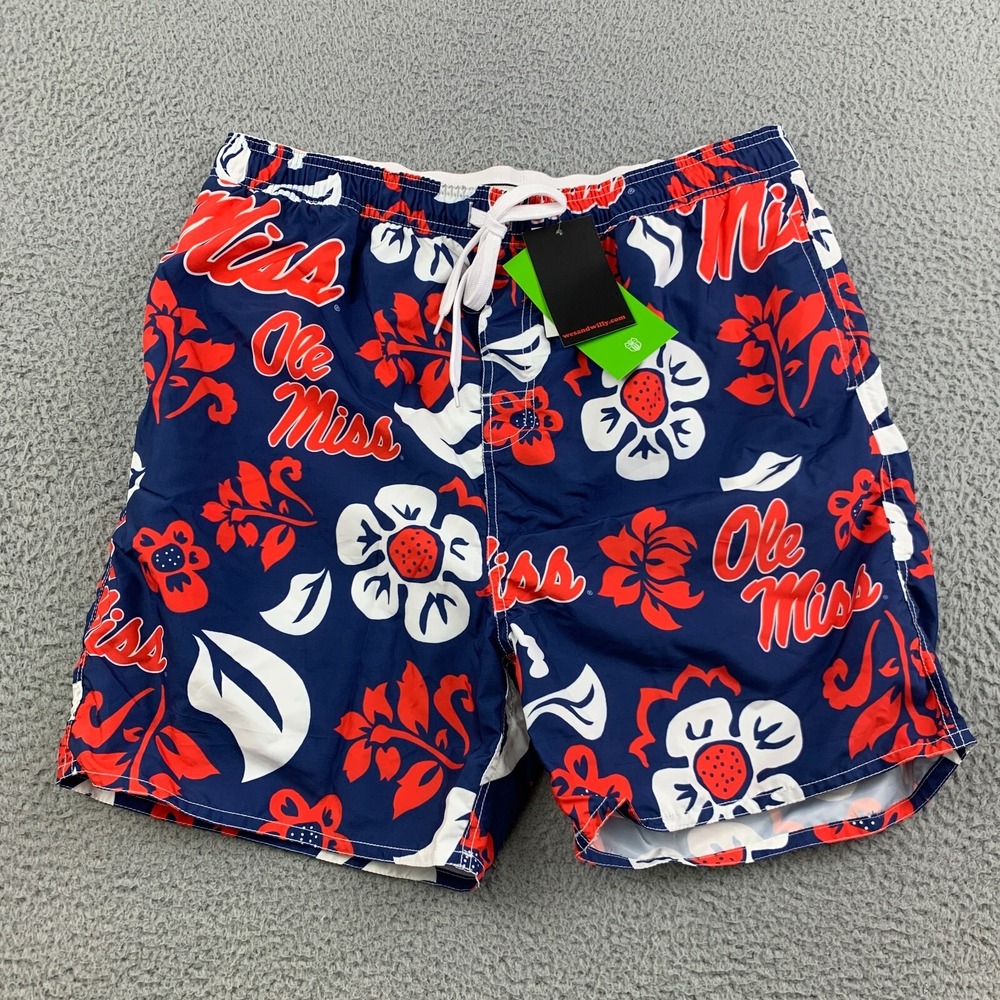 Ole Miss Rebels Swim Trunks Mens 2XL Blue Wes‎ & Willy Floral Volley Logo Shorts